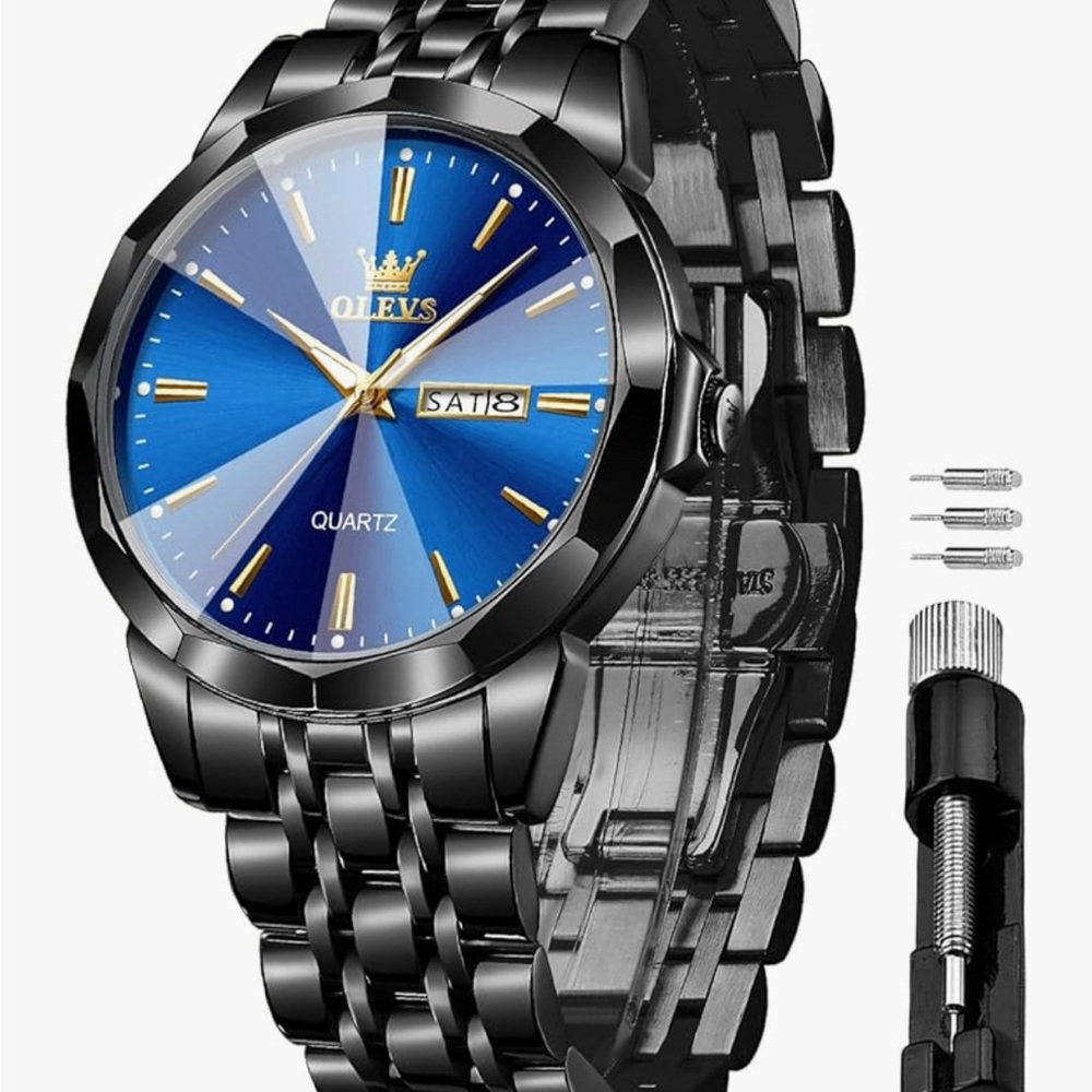 OLEVS Men's Black and Blue Quartz Watch